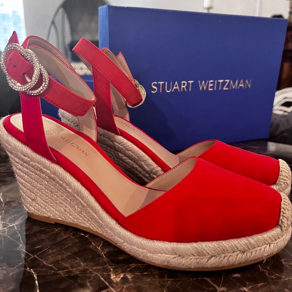 Pre-owned Stuart Weitzman Crystal Buckle Suede Espadrille Wedge Sandal